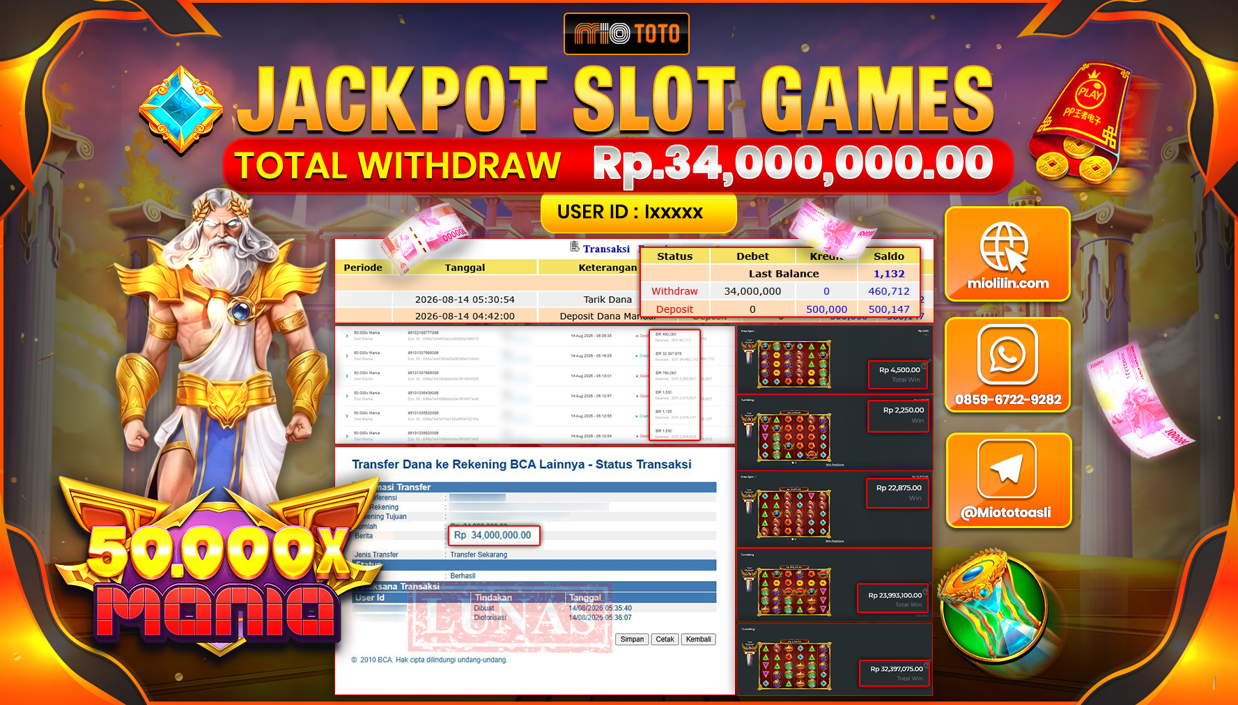 JACKPOT SLOT 50.000X MANIA Rp.34,000,000 DI BAYAR TUNAI !!!