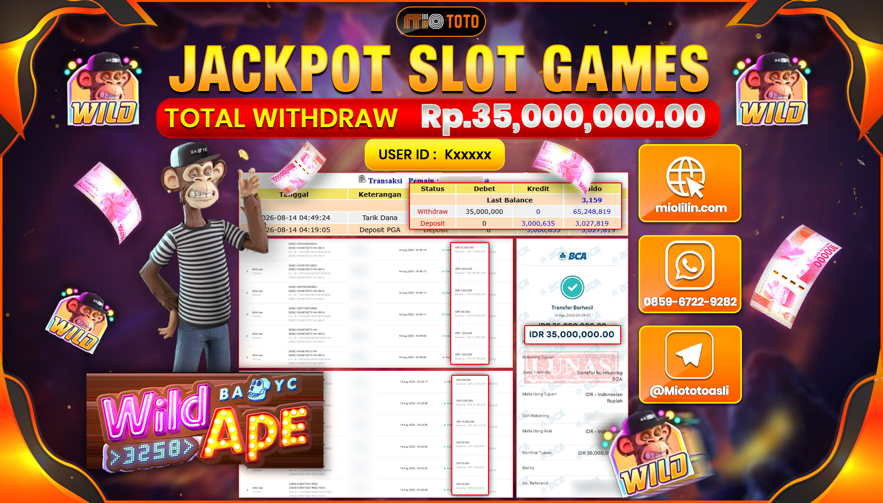 JACKPOT SLOT WILD APE Rp.35,000,000 DI BAYAR TUNAI !!!