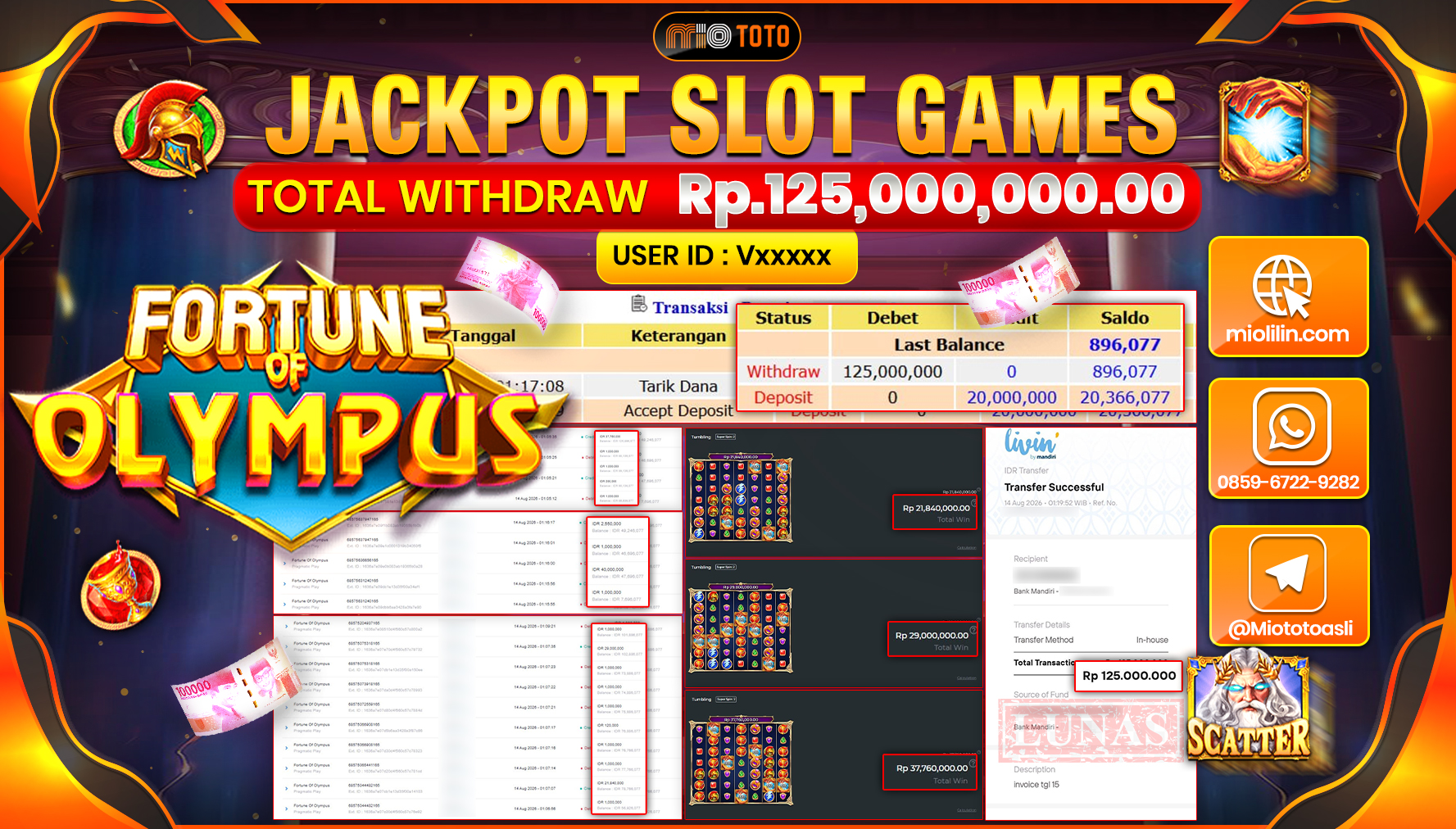 JACKPOT SLOT FORTUNE OF OLYMPUS Rp.125,000,000 DI BAYAR TUNAI !!!
