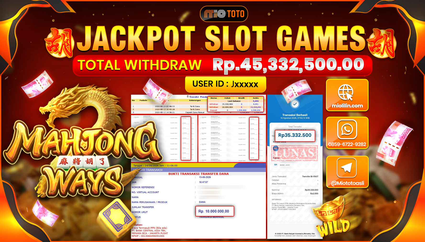 JACKPOT SLOT MAHJONG WAYS Rp.45,332,500 DI BAYAR TUNAI !!!