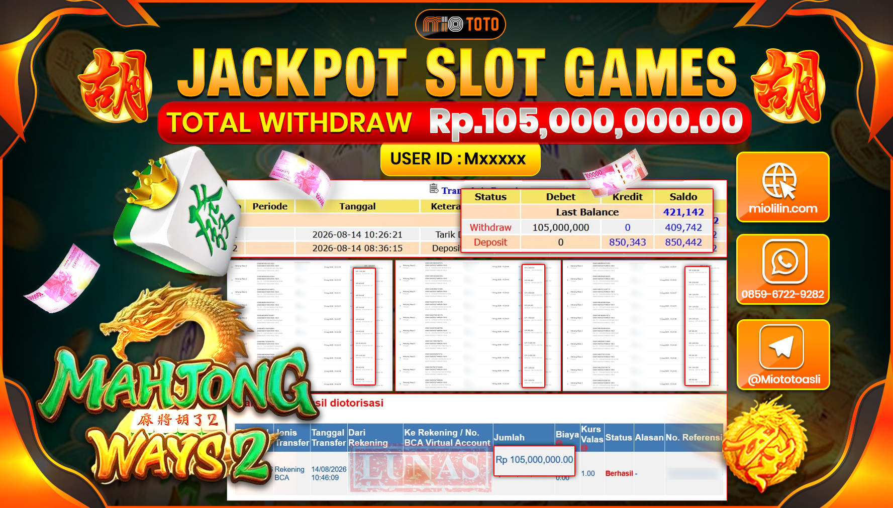 JACKPOT SLOT MAHJONG WAYS 2 Rp.105,000,000 DI BAYAR TUNAI !!!