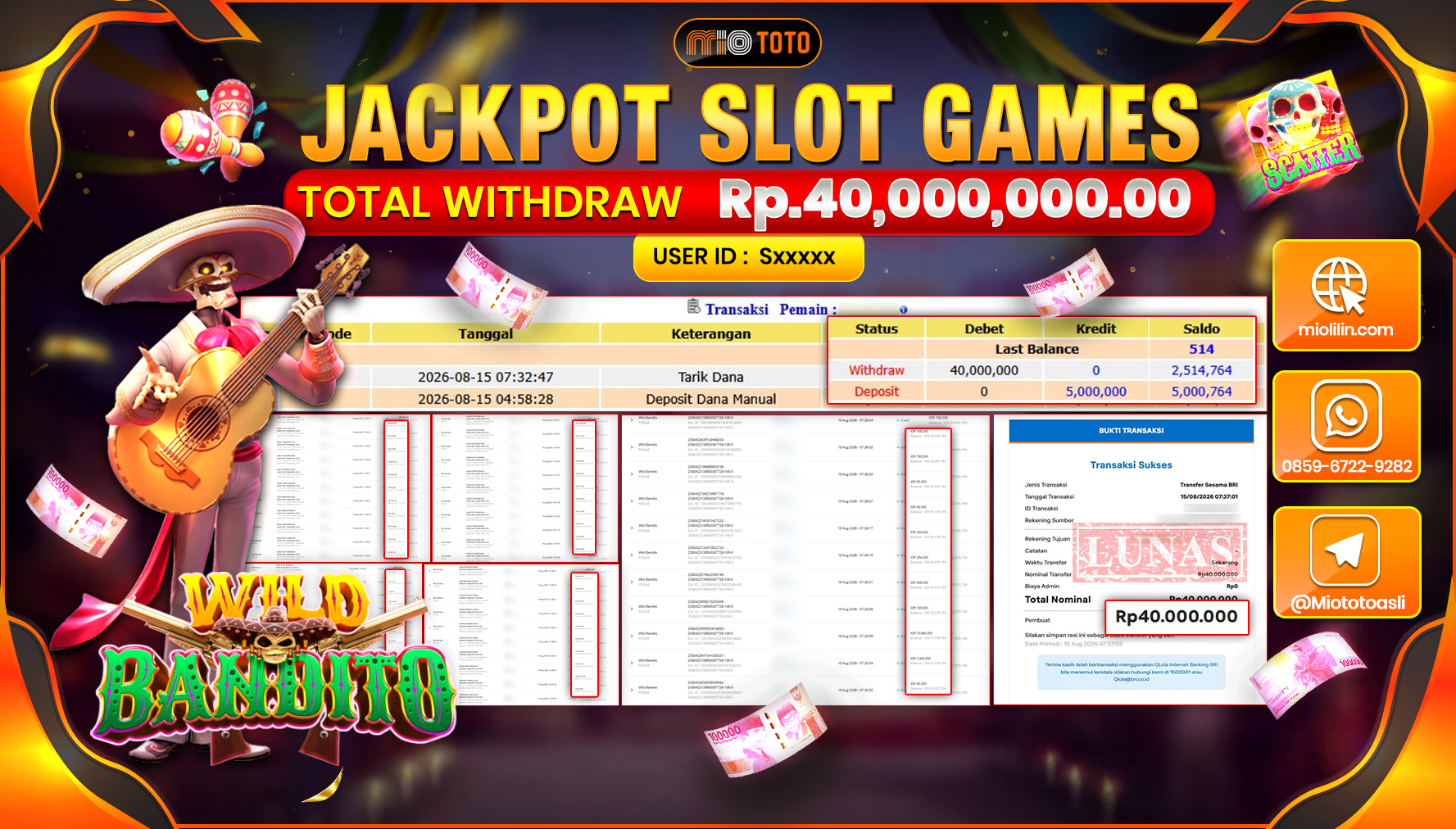 JACKPOT SLOT WILD BANDITO Rp.40,000,000 DI BAYAR TUNAI !!!