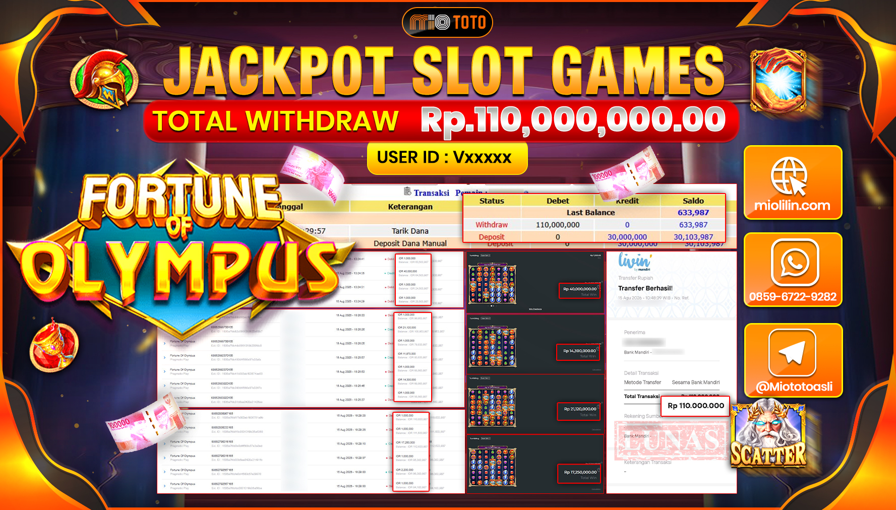 JACKPOT SLOT FORTUNE OF OLYMPUS Rp.110,000,000 DI BAYAR TUNAI !!!