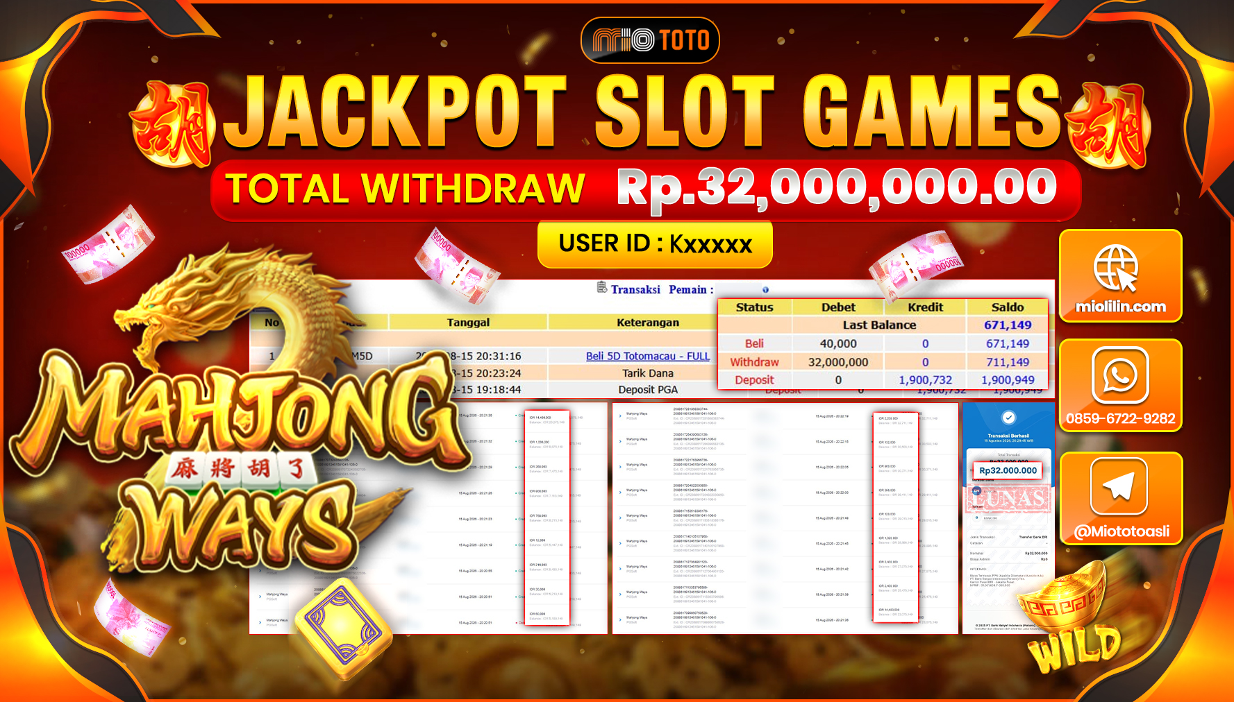 JACKPOT SLOT MAHJONG WAYS Rp.32,000,000 DI BAYAR TUNAI !!!