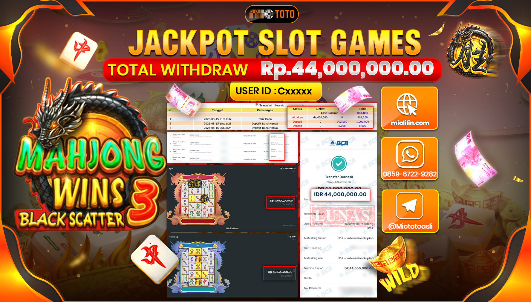 JACKPOT SLOT MAHJONG WINS 3 BLACK SCATTER Rp.44,000,000 DI BAYAR TUNAI !!!