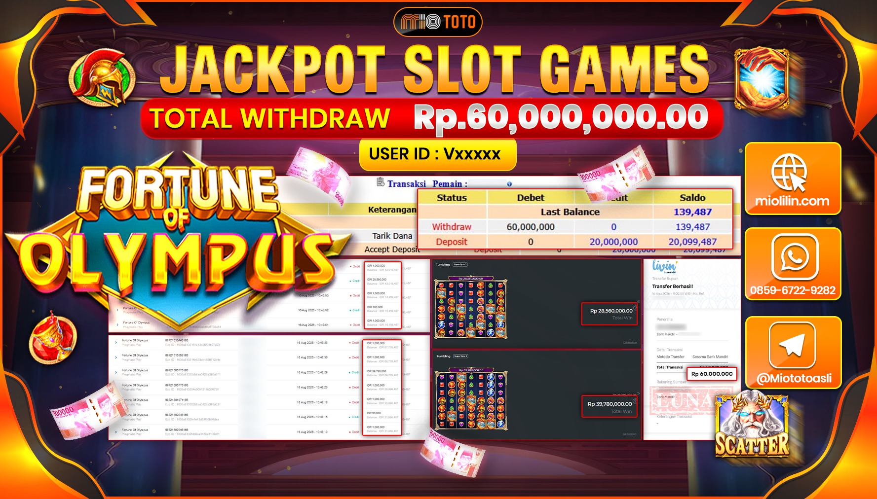 JACKPOT SLOT FORTUNE OF OLYMPUS Rp.60,000,000 DI BAYAR TUNAI !!!