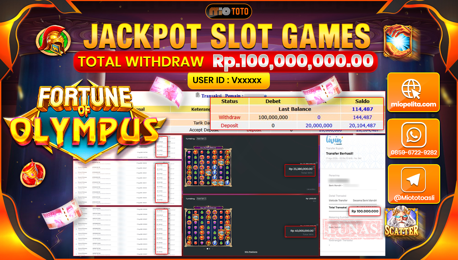 JACKPOT SLOT FORTUNE OF OLYMPUS Rp.100,000,000 DI BAYAR TUNAI !!!