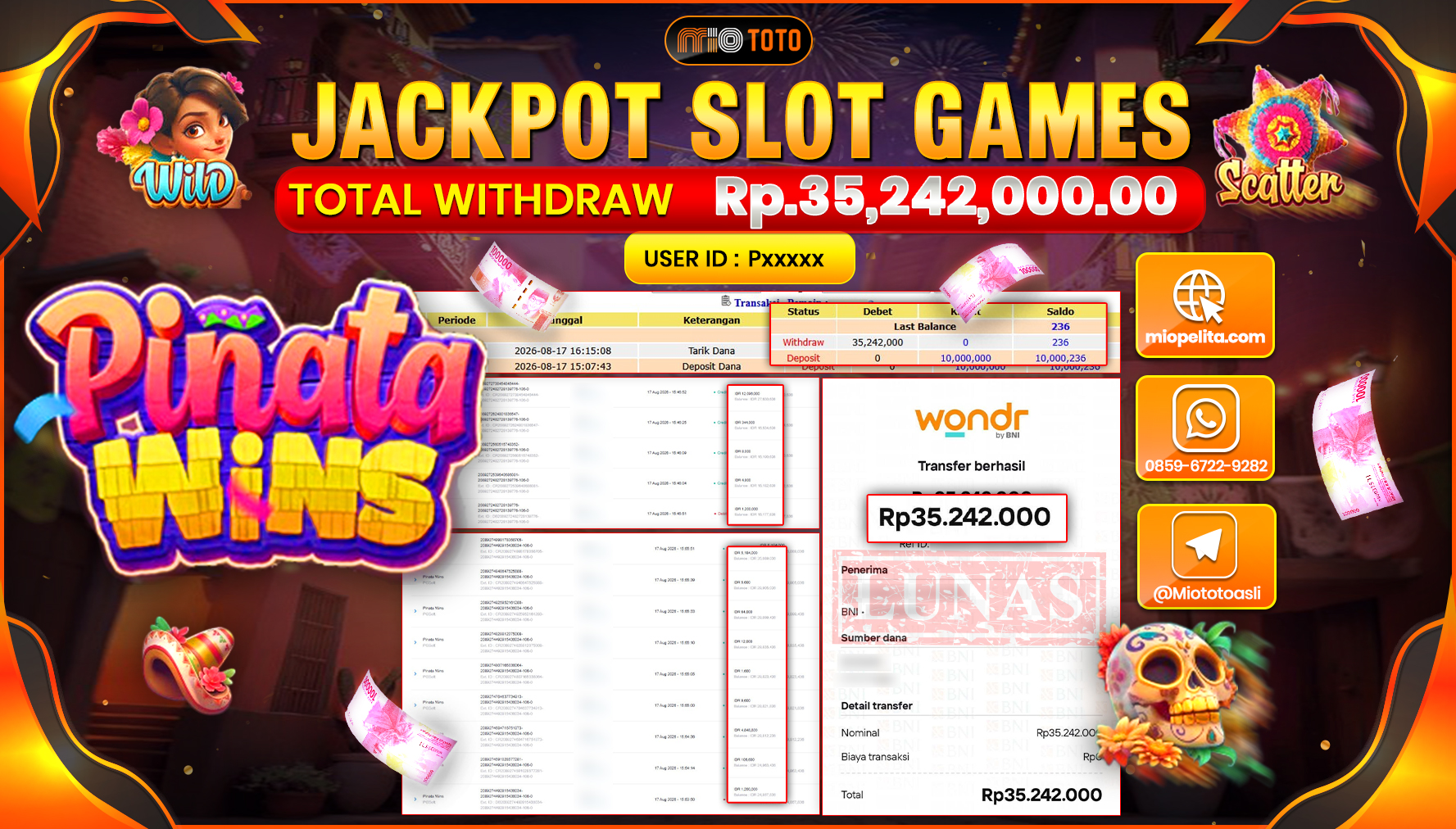 JACKPOT SLOT PINATA WINS Rp.35,242,000 DI BAYAR TUNAI !!!