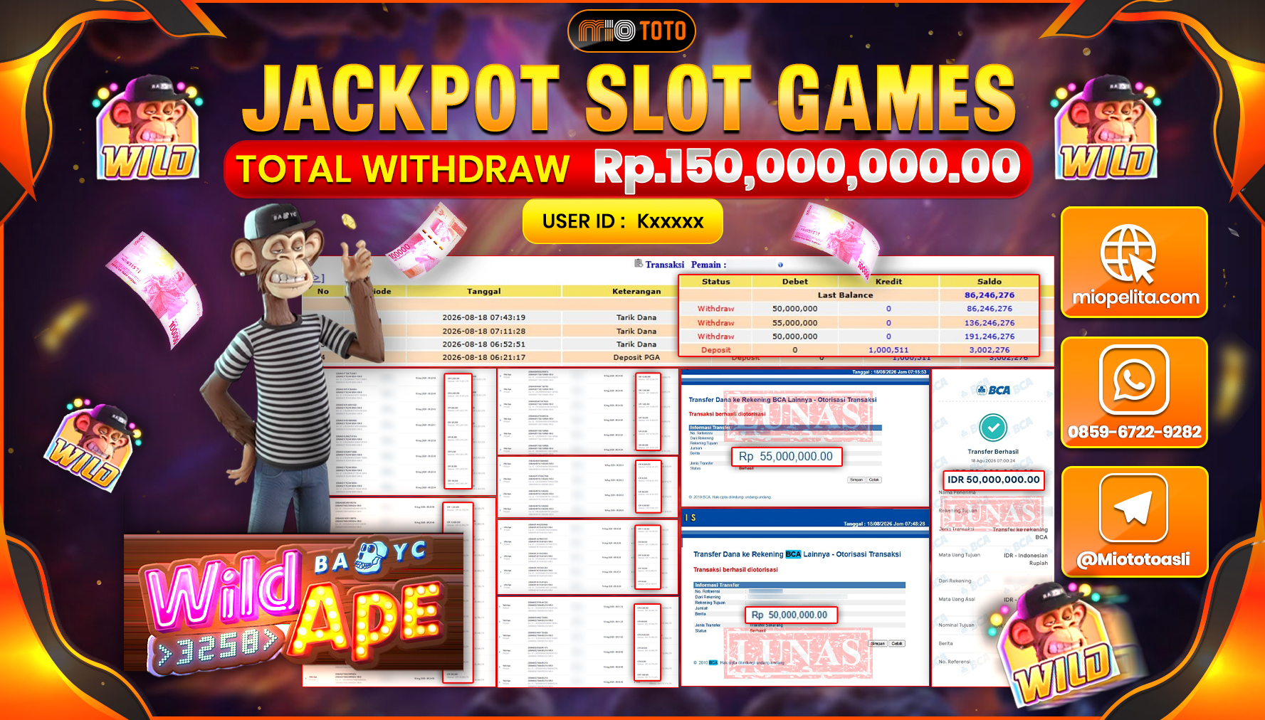 JACKPOT SLOT WILD APE Rp.150,000,000 DI BAYAR TUNAI !!!