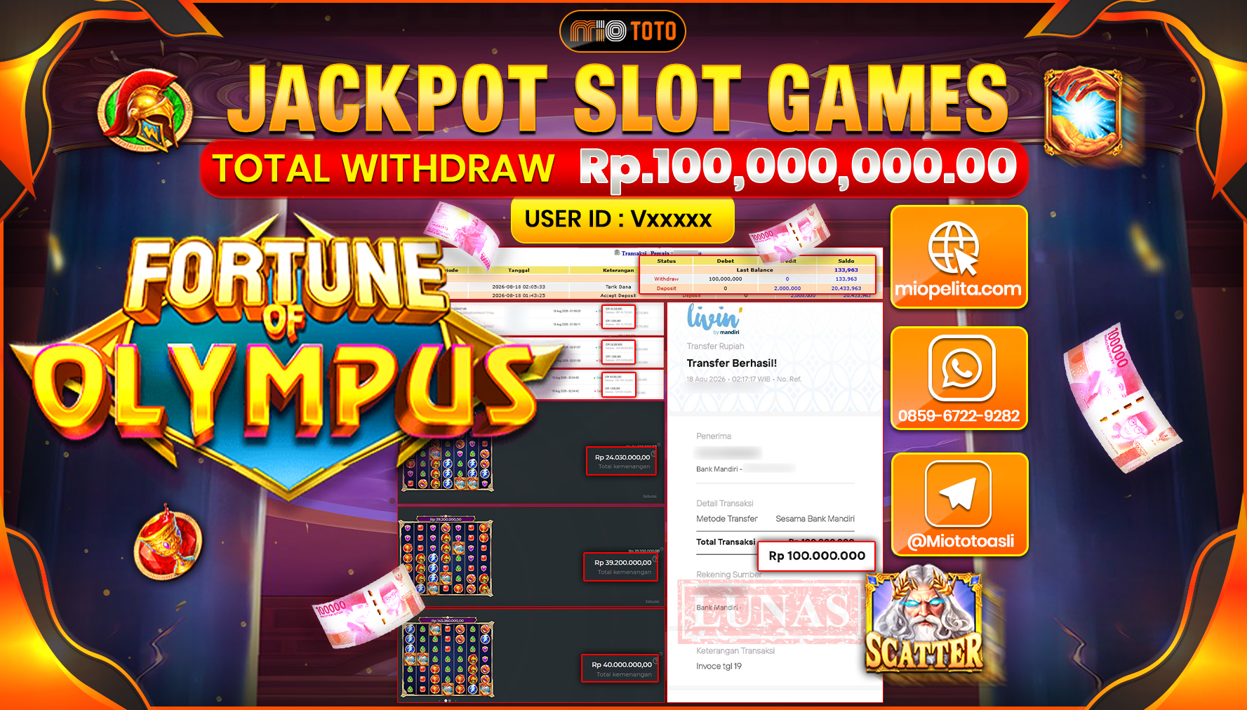 JACKPOT SLOT FORTUNE OF OLYMPUS Rp.100,000,000 DI BAYAR TUNAI !!!