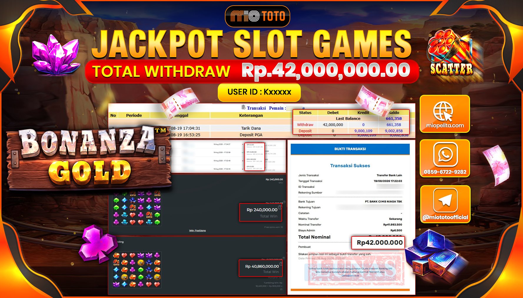 JACKPOT SLOT BONANZA GOLD Rp.42,000,000 DI BAYAR TUNAI !!!