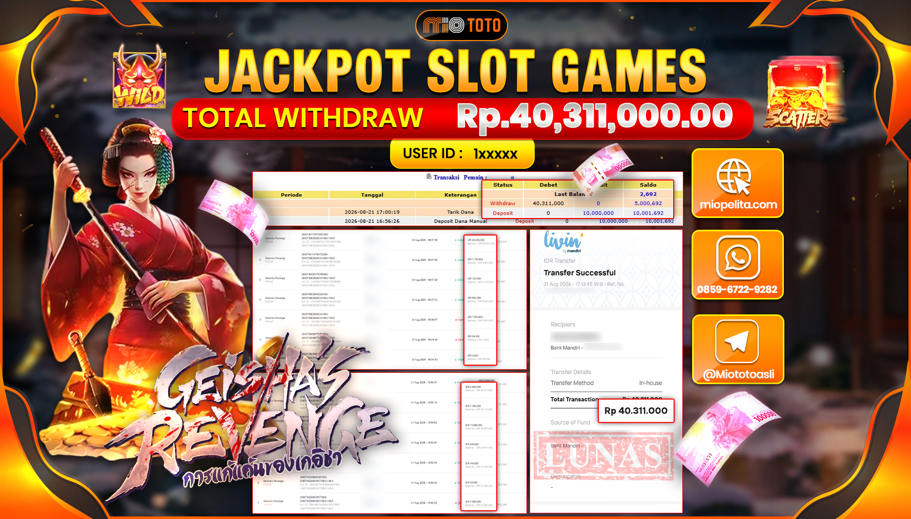 JACKPOT SLOT GEISHA REVENGE Rp.40.311.000 DI BAYAR TUNAI !!!