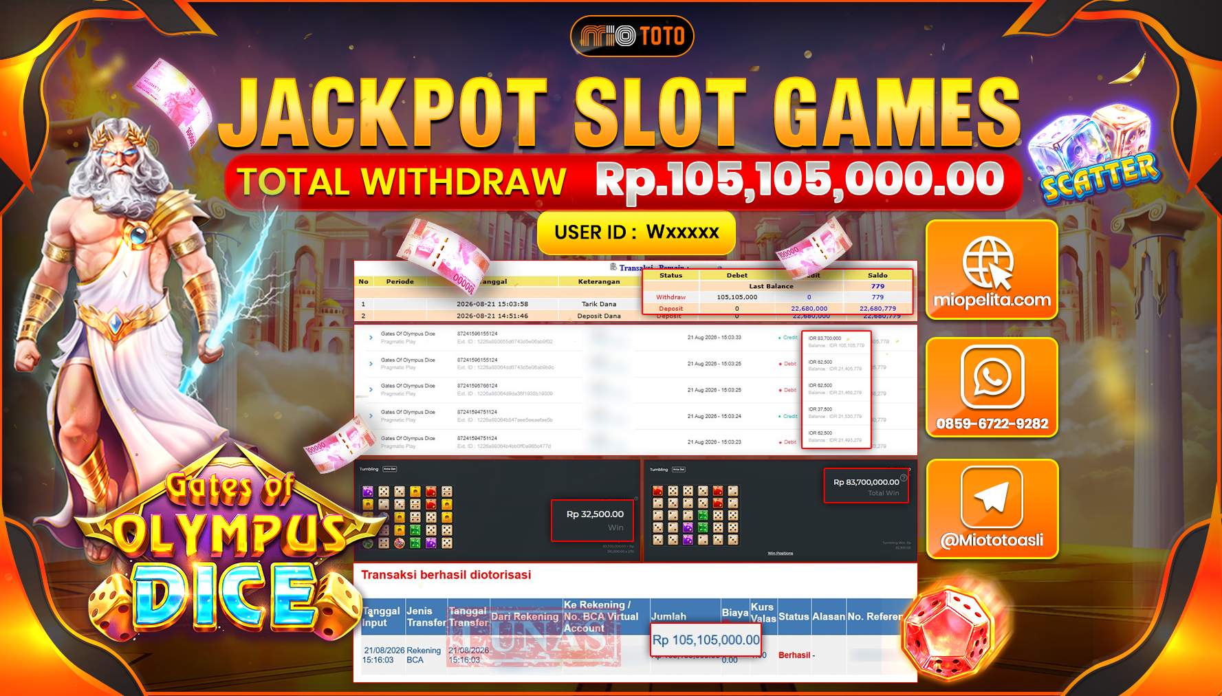 JACKPOT SLOT GATES OF OLYMPUS DICE Rp.105.105.000 DI BAYAR TUNAI !!!