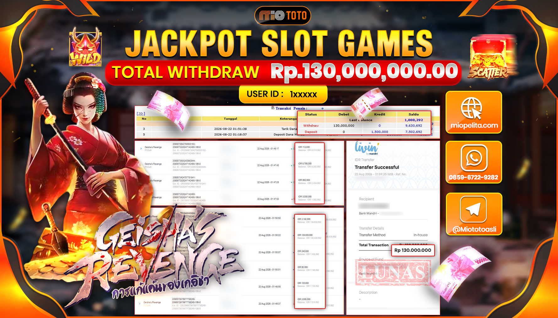 JACKPOT SLOT GEISHA REVENGE Rp.130.000.000 DI BAYAR TUNAI !!!