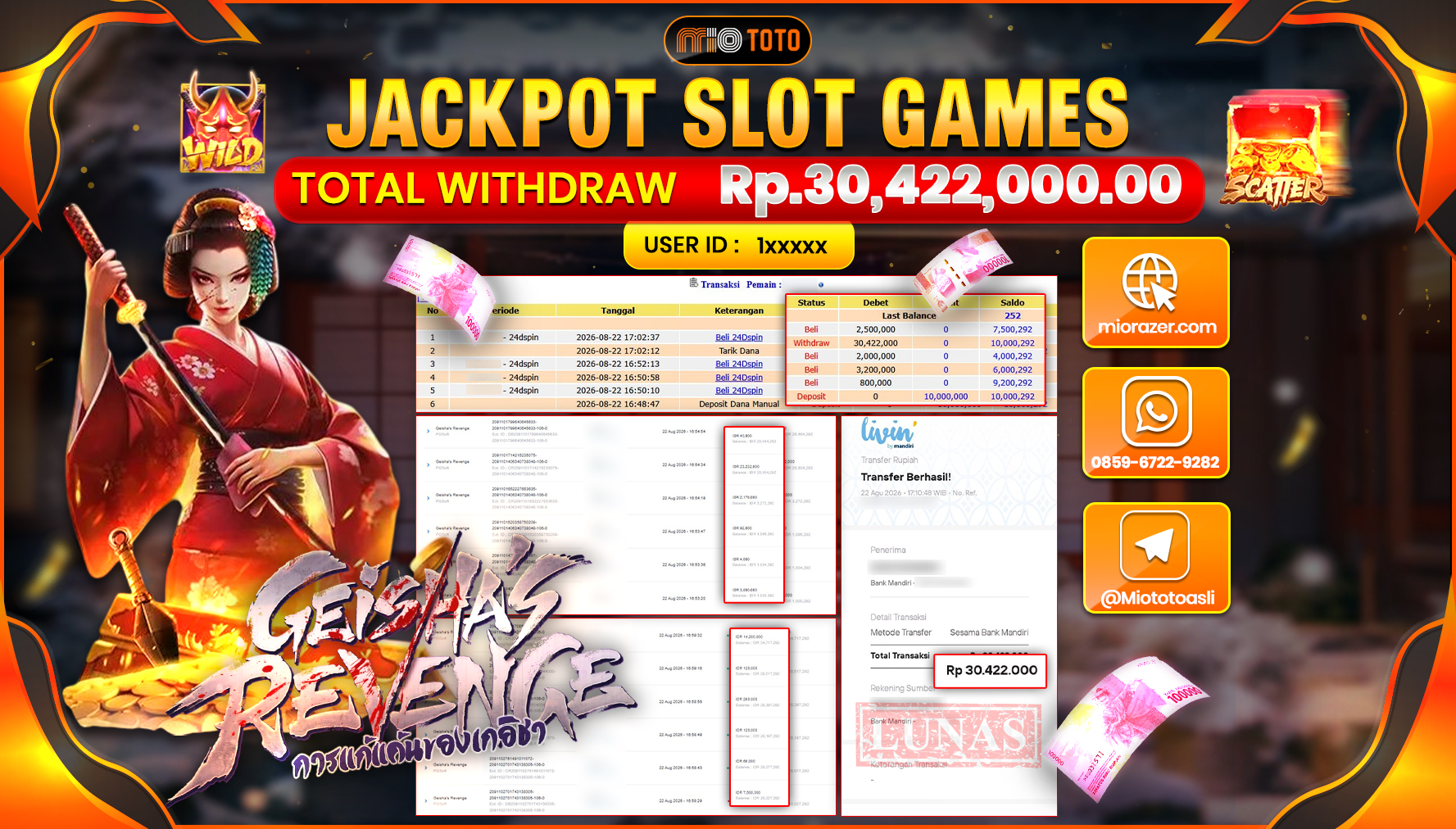 JACKPOT SLOT GEISHA REVENGE Rp.30.422.000 DI BAYAR TUNAI !!!