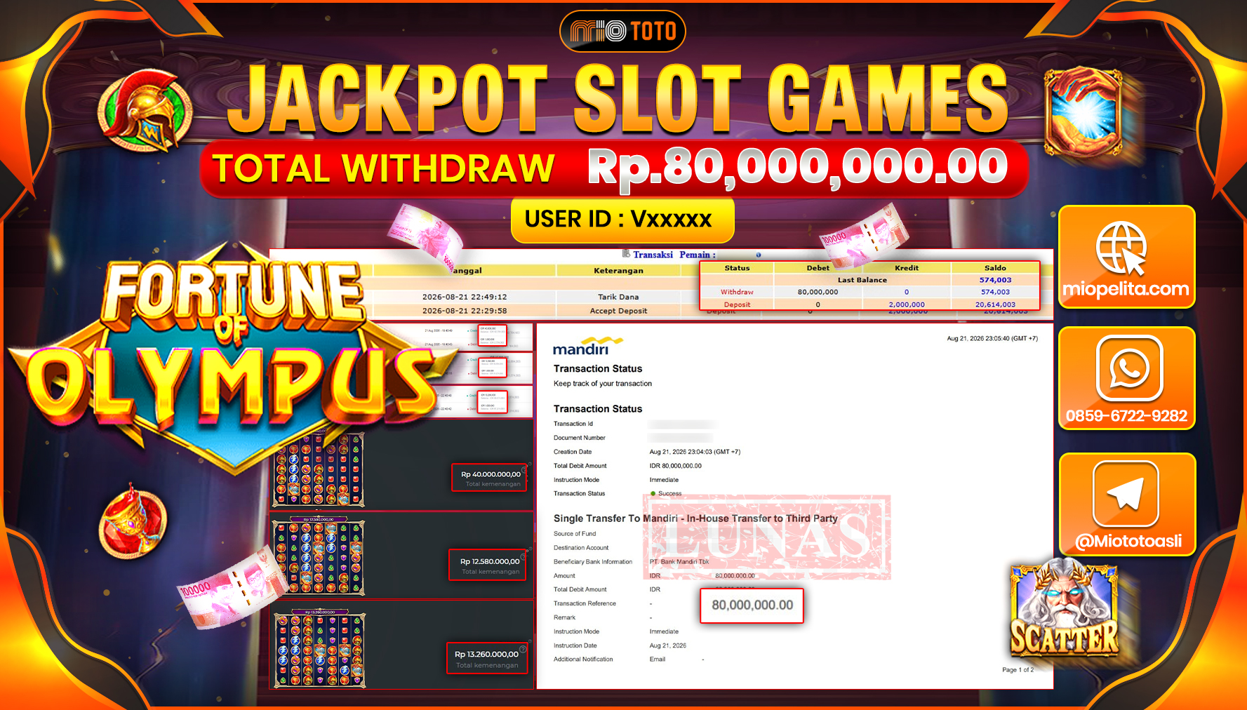 JACKPOT SLOT FORTUNE OF OLYMPUS Rp.80.000.000 DI BAYAR TUNAI !!!