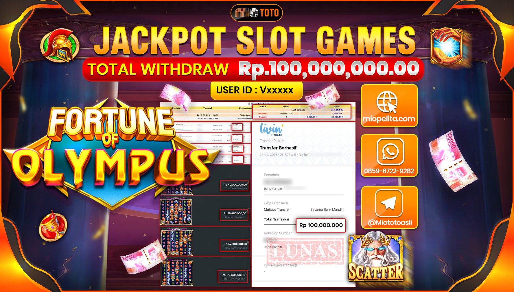 JACKPOT SLOT FORTUNE OF OLYMPUS Rp.100.000.000 DI BAYAR TUNAI !!!