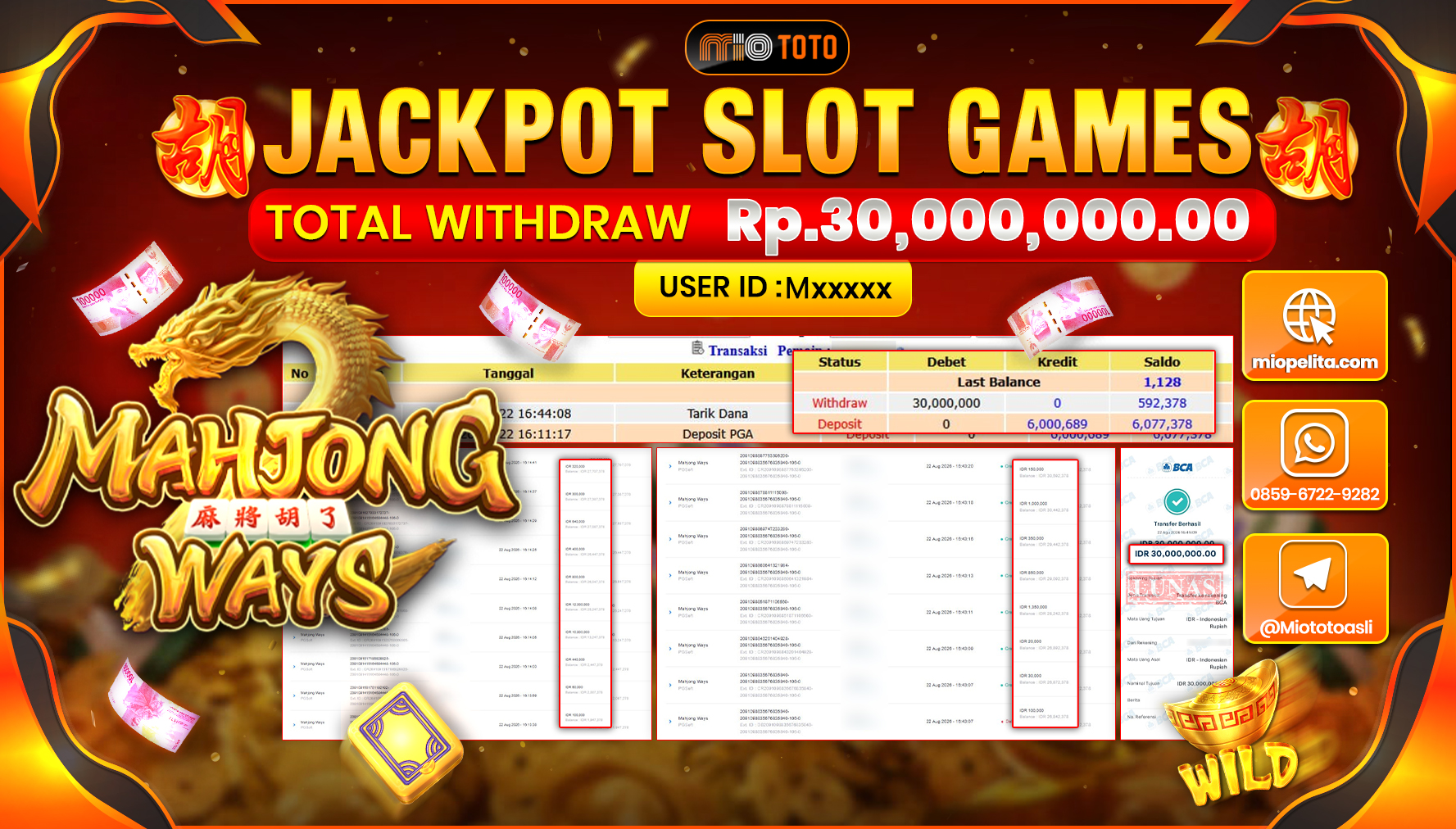 JACKPOT SLOT MAHJONG WAYS Rp.30.000.000 DI BAYAR TUNAI !!!