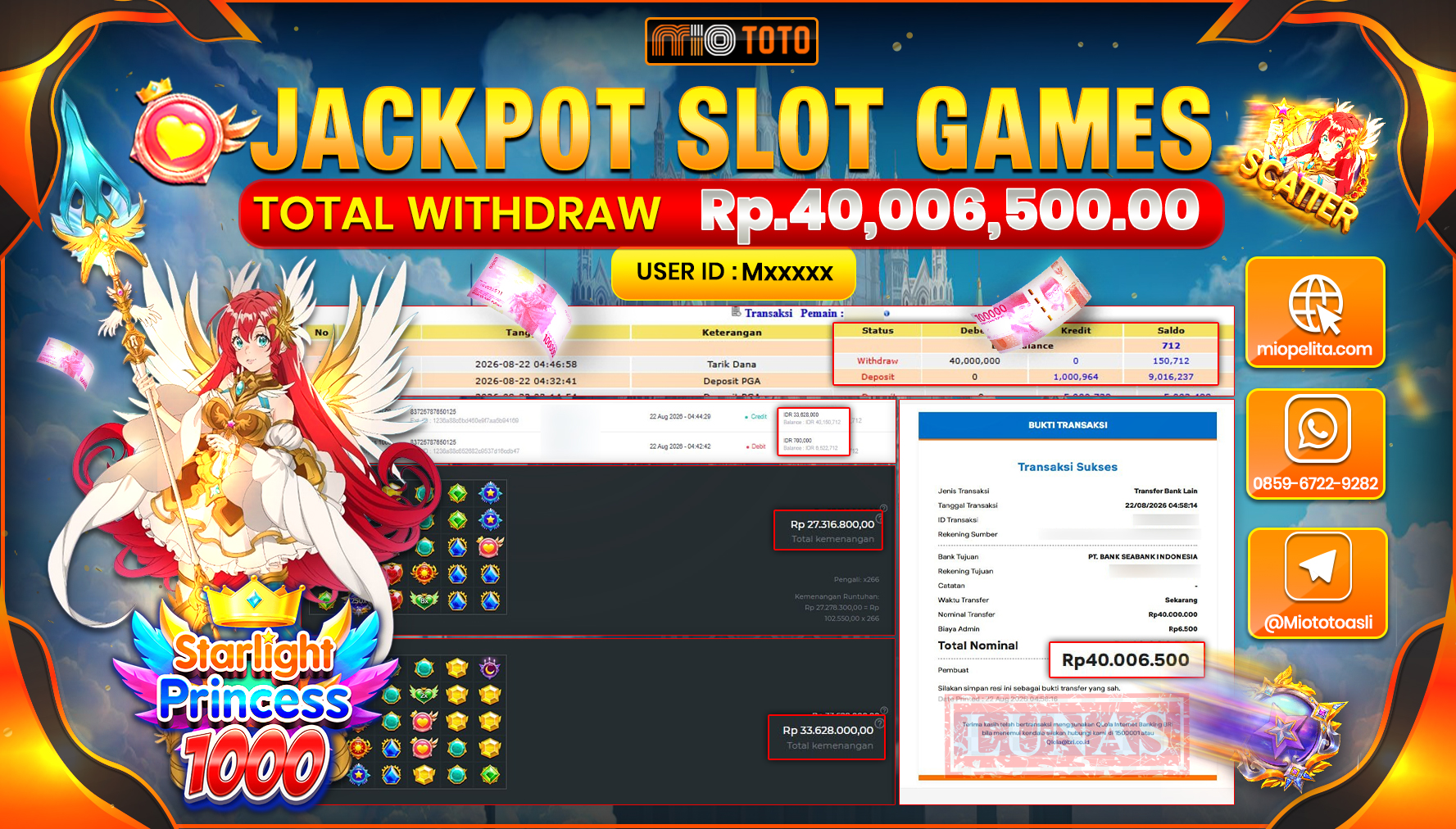 JACKPOT SLOT STARLIGHT PRINCESS 1000 Rp.40.006.500 DI BAYAR TUNAI !!!