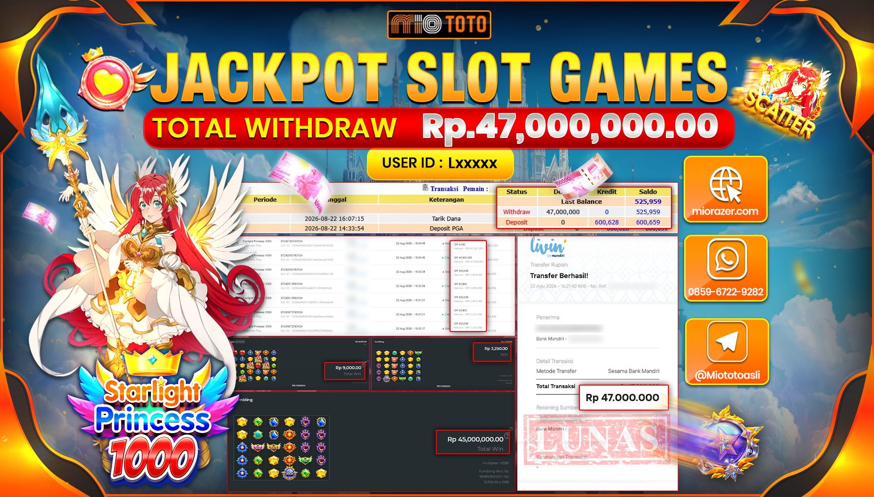 JACKPOT SLOT STARLIGHT PRINCESS 1000 Rp.47.000.000 DI BAYAR TUNAI !!!