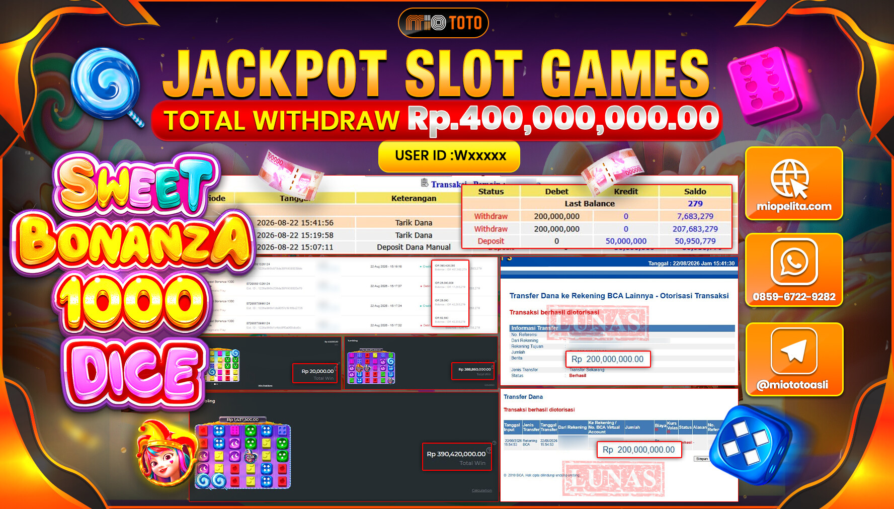 JACKPOT SLOT SWEET BONANZA 1000 DICE Rp.400.000.000 DI BAYAR TUNAI !!!