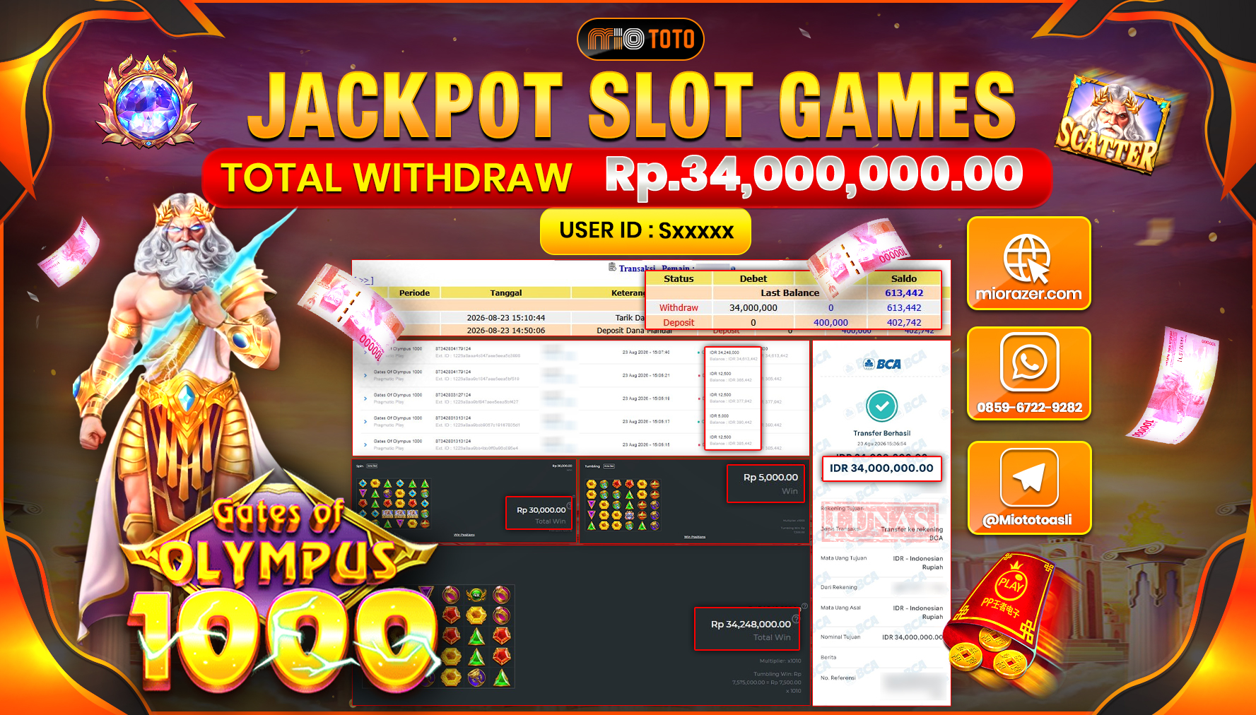JACKPOT SLOT GATES OF OLYMPUS 1000 Rp.34.000.000 DI BAYAR TUNAI !!!