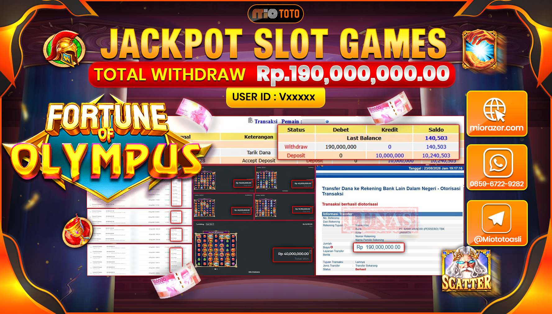 JACKPOT SLOT FORTUNE OF OLYMPUS Rp.190.000.000 DI BAYAR TUNAI !!!