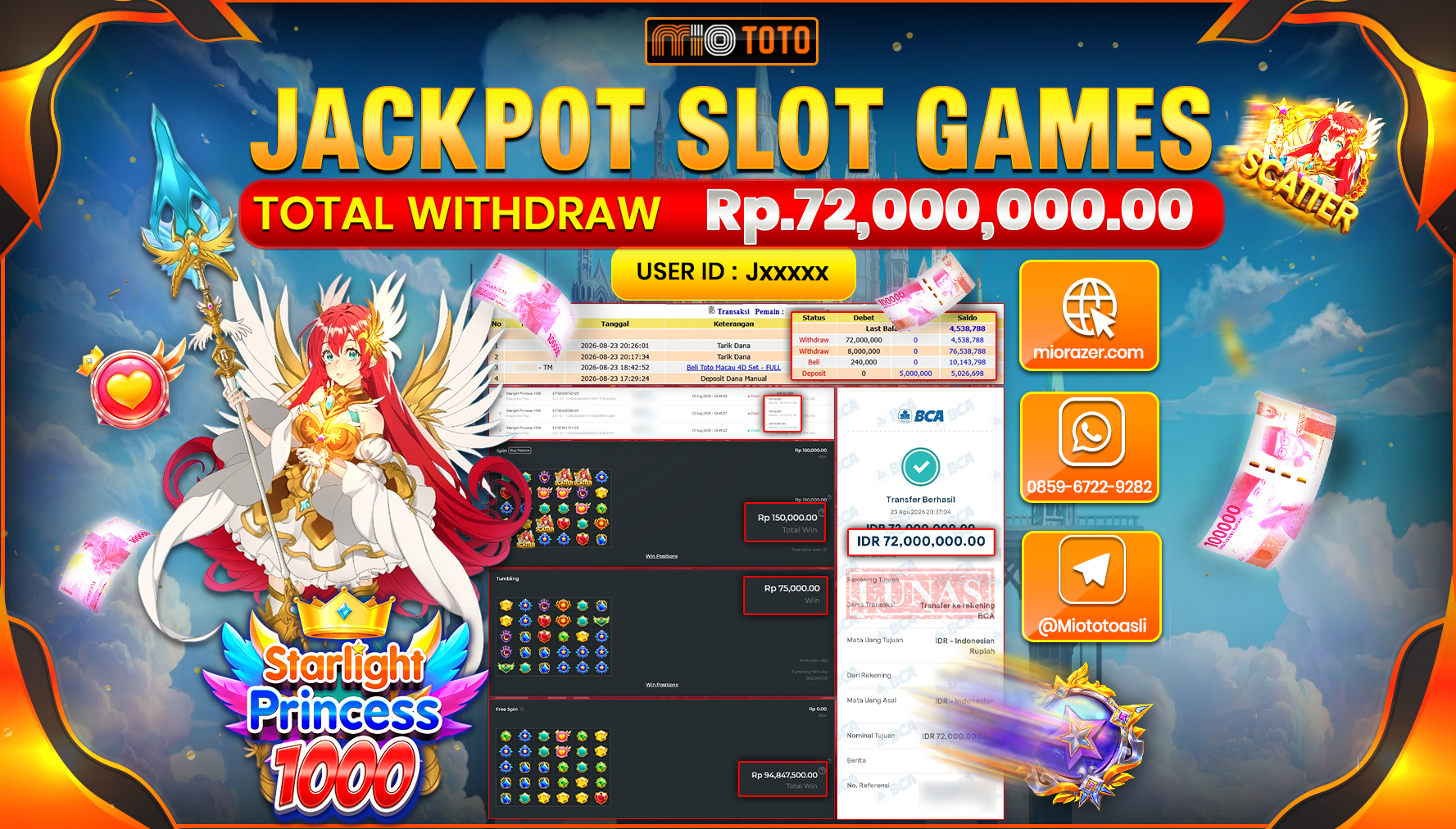 JACKPOT SLOT STARLIGHT PRINCESS 1000 Rp.72.000.000 DI BAYAR TUNAI !!!