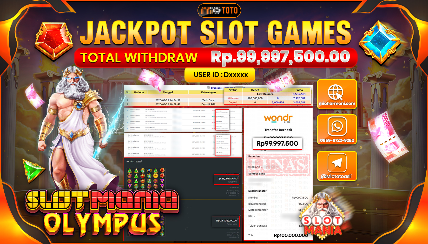 JACKPOT SLOT SLOT MANIA OLYMPUS Rp.99.997.500 DI BAYAR TUNAI !!!