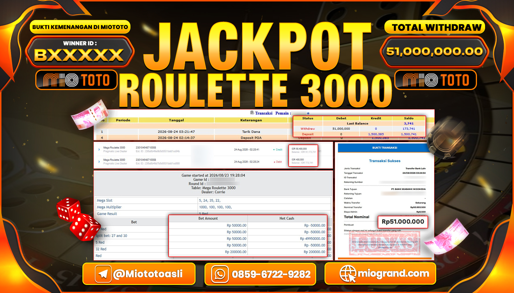 JACKPOT LIVE GAME MEGA ROULETTE 3000 Rp.51,000,000 DI BAYAR TUNAI !!!