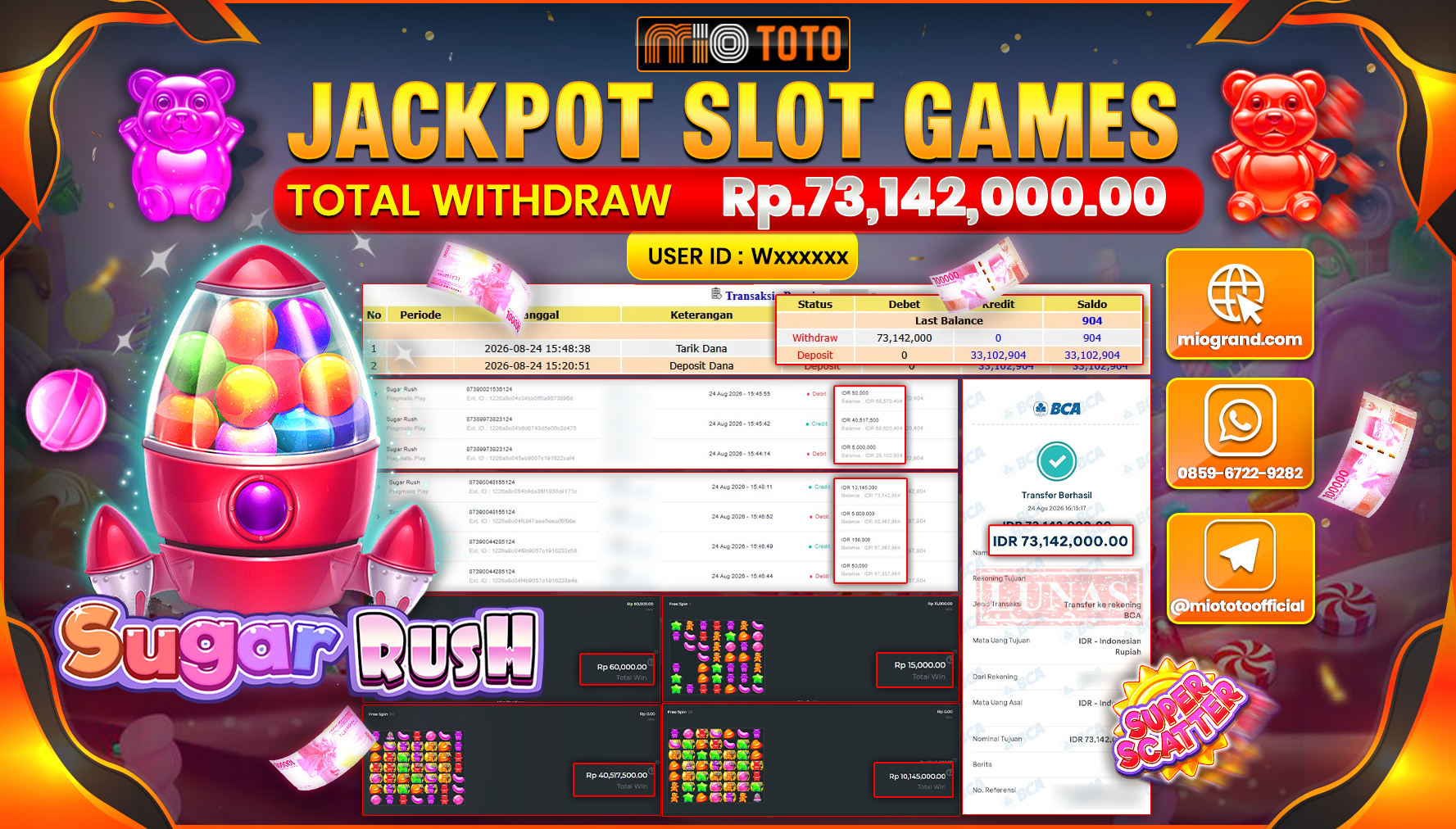 JACKPOT SLOT SUGAR RUSH Rp.73.142.000 DI BAYAR TUNAI !!!
