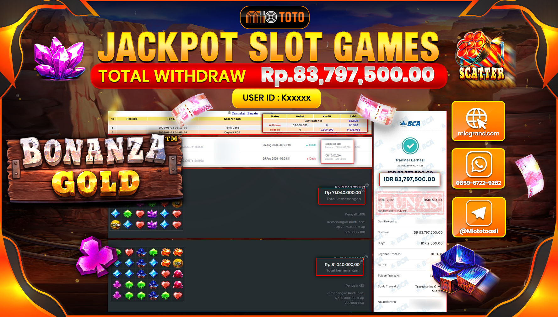 JACKPOT SLOT BONANZA GOLD Rp.83.797.500 DI BAYAR TUNAI !!!