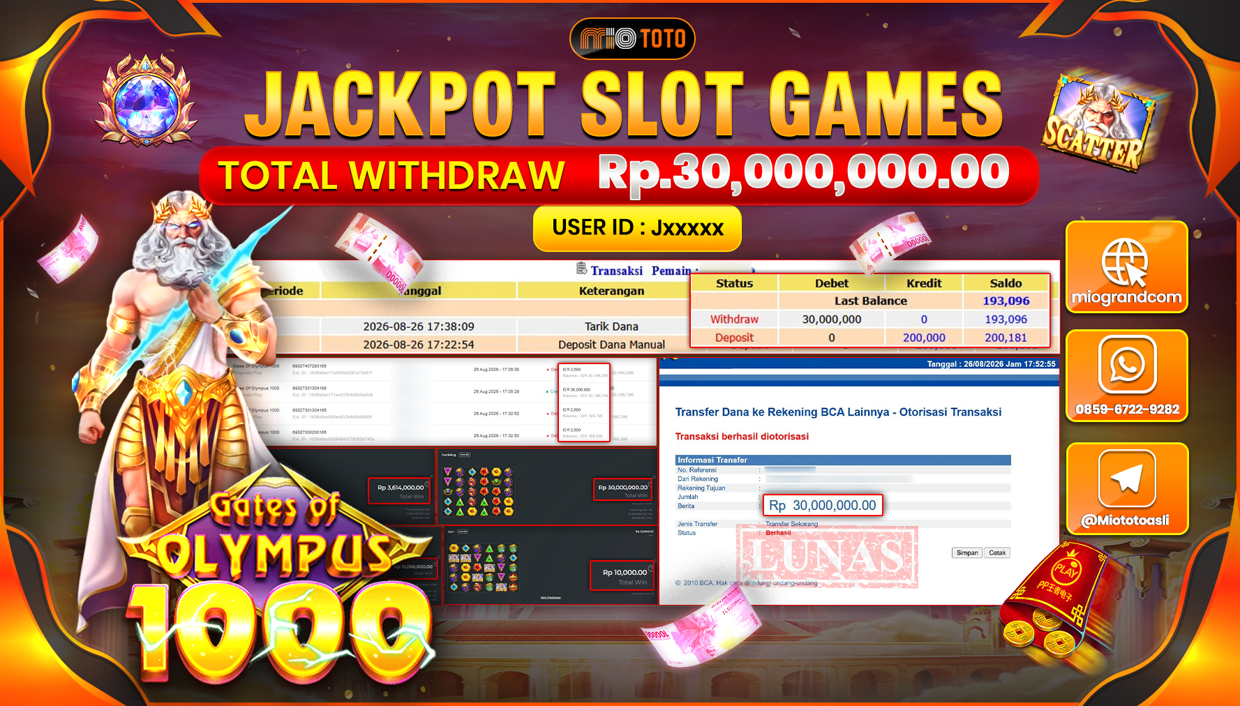 JACKPOT SLOT GATES OF OLYMPUS 1000 Rp.30.000.000 DI BAYAR TUNAI !!!