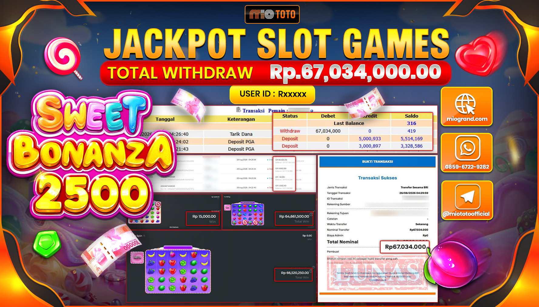 JACKPOT SLOT SWEET BONANZA 2500 Rp.67.034.000 DI BAYAR TUNAI !!!