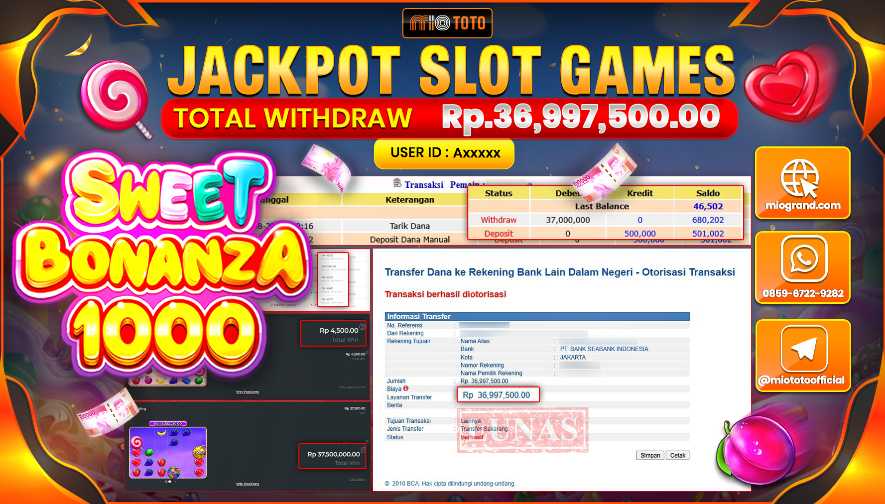 JACKPOT SLOT SWEET BONANZA 1000 Rp.36.997.500 DI BAYAR TUNAI !!!