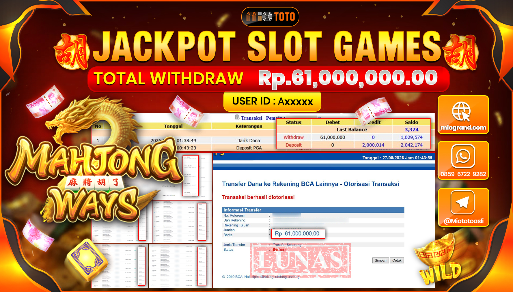 JACKPOT SLOT MAHJONG WAYS Rp.61.000.000 DI BAYAR TUNAI !!!