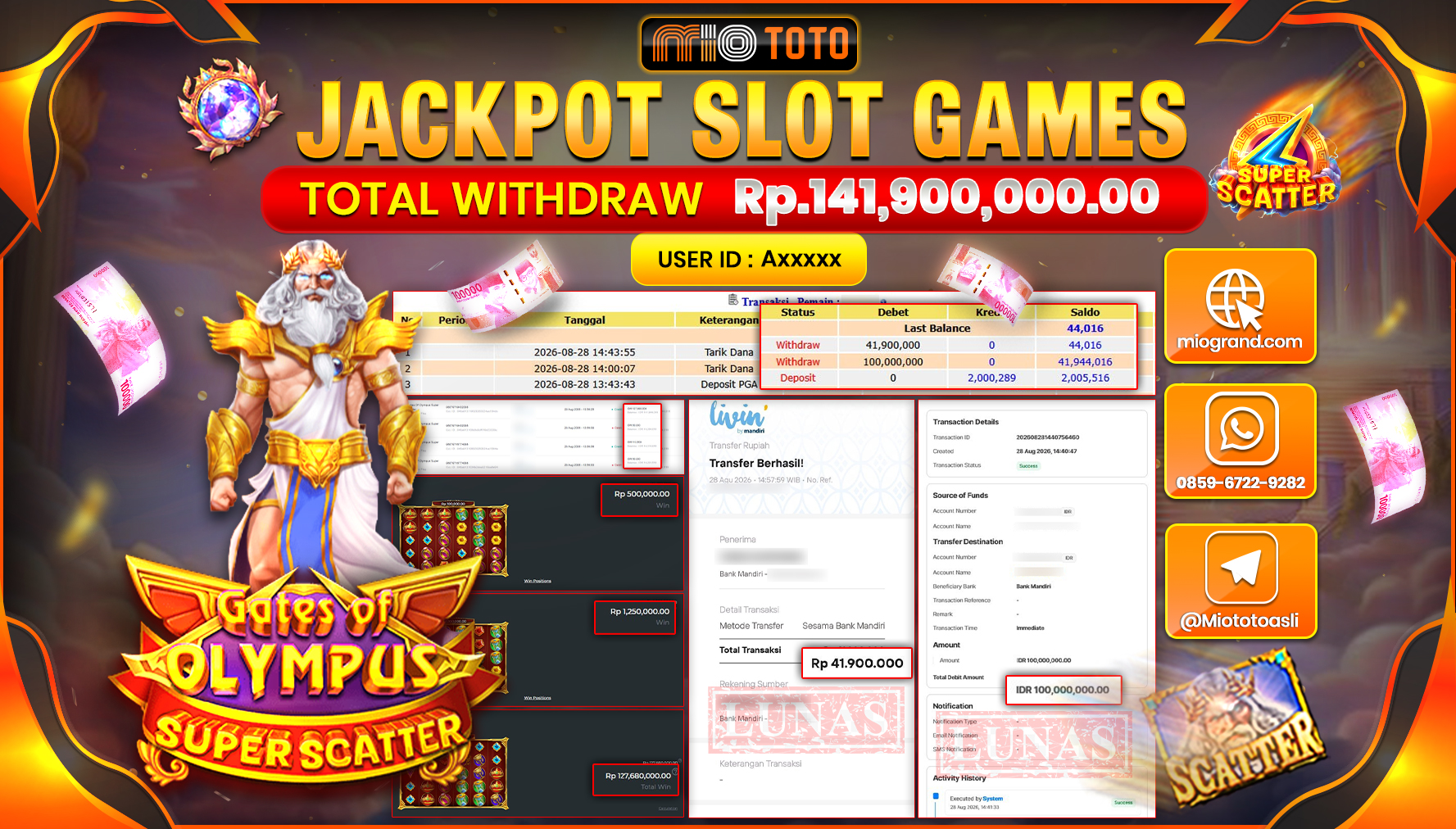 JACKPOT SLOT GATES OF OLYMPUS SUPER SCATTER Rp.141.900.000 DI BAYAR TUNAI !!!