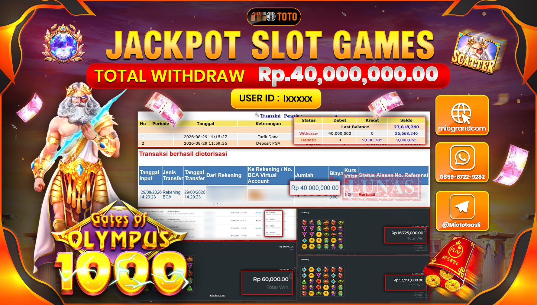 JACKPOT SLOT GATES OF OLYMPUS 1000 Rp.40.000.000 DI BAYAR TUNAI !!!