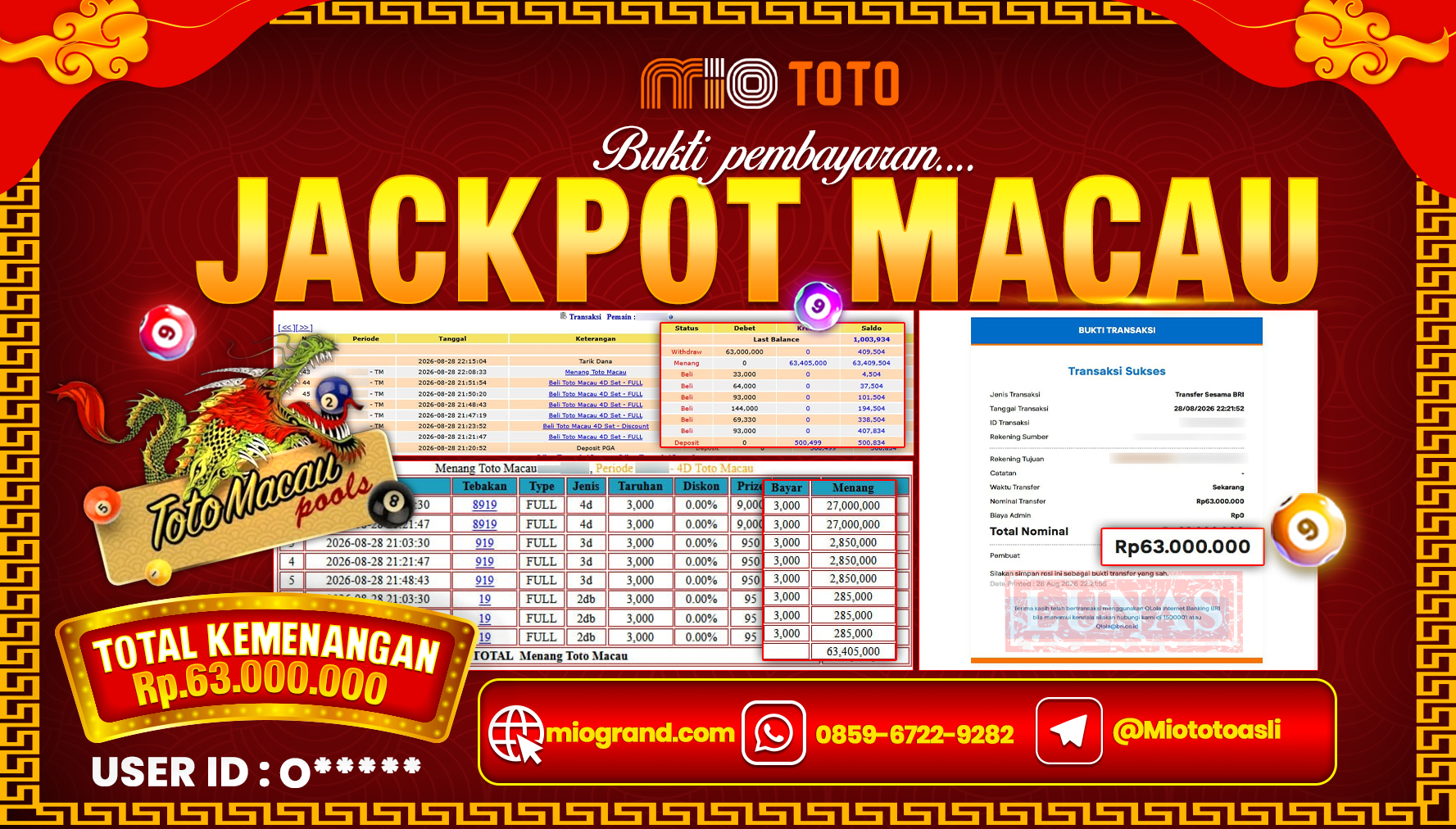 JACKPOT TOGEL TOTO MACAU 4D POOLS Rp.63,000,000 DI BAYAR TUNAI !!!