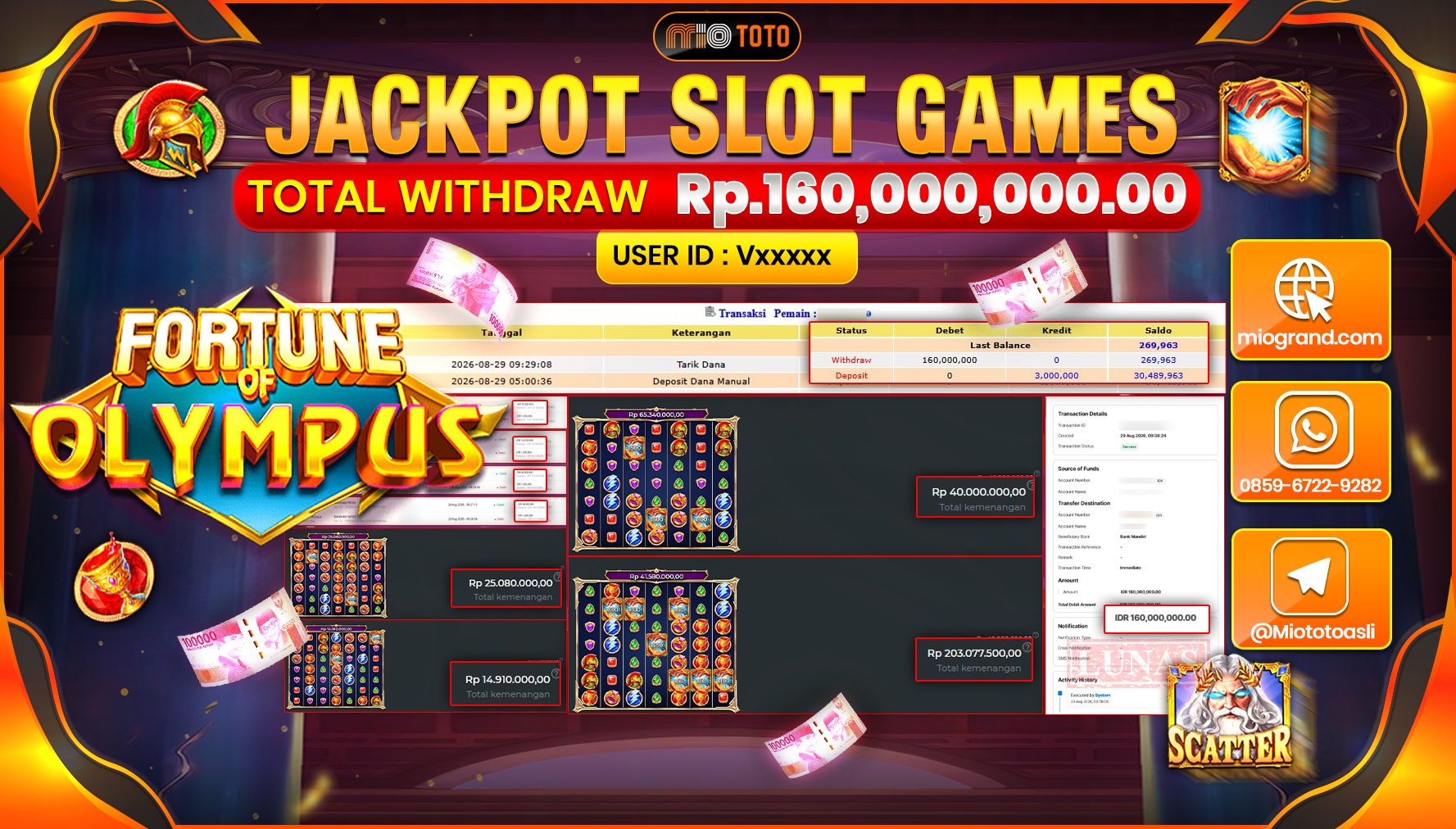 JACKPOT SLOT FORTUNE OF OLYMPUS Rp.160.000.000 DI BAYAR TUNAI !!!