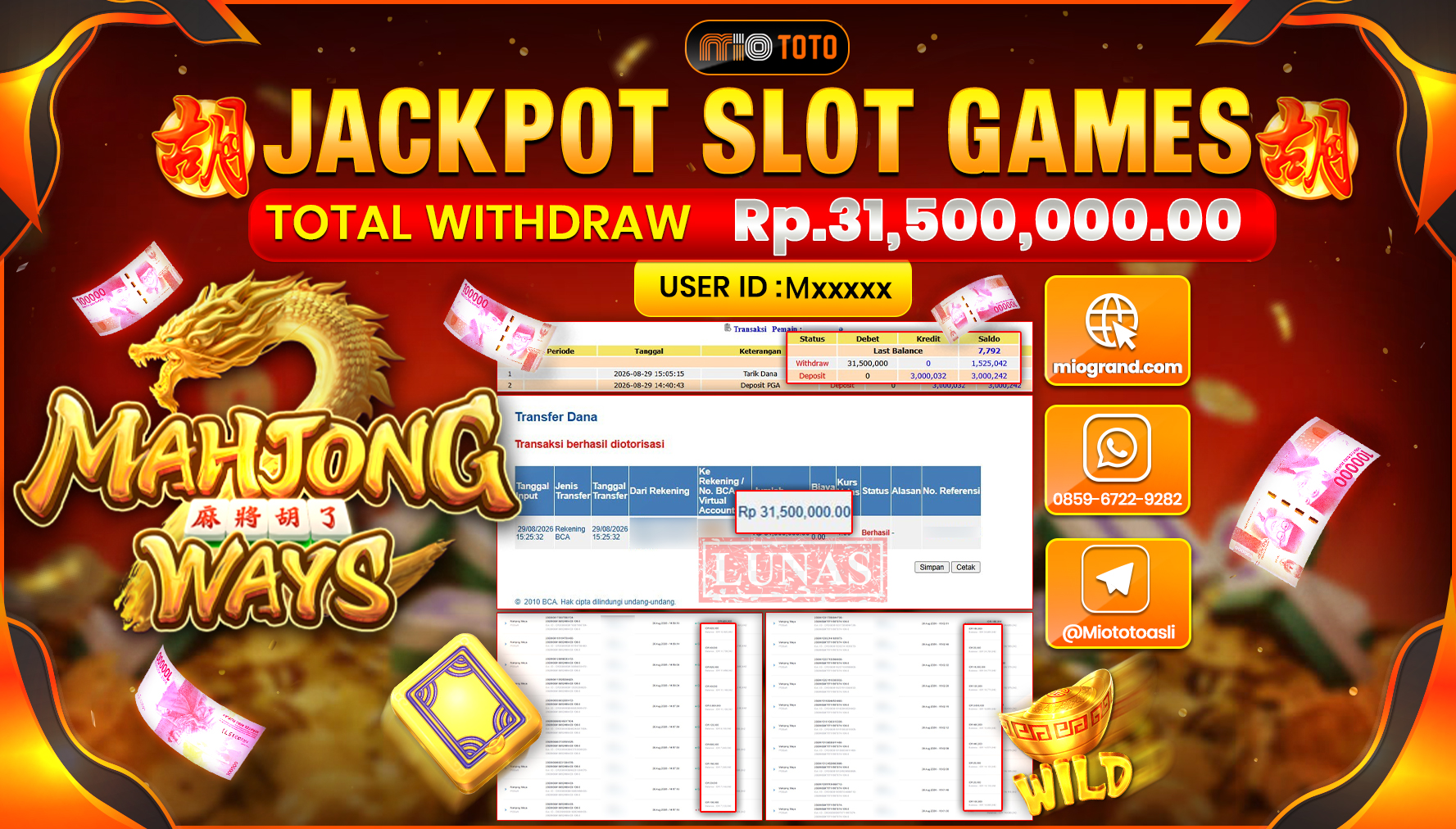 JACKPOT SLOT MAHJONG WAYS Rp.31.500.000 DI BAYAR TUNAI !!!