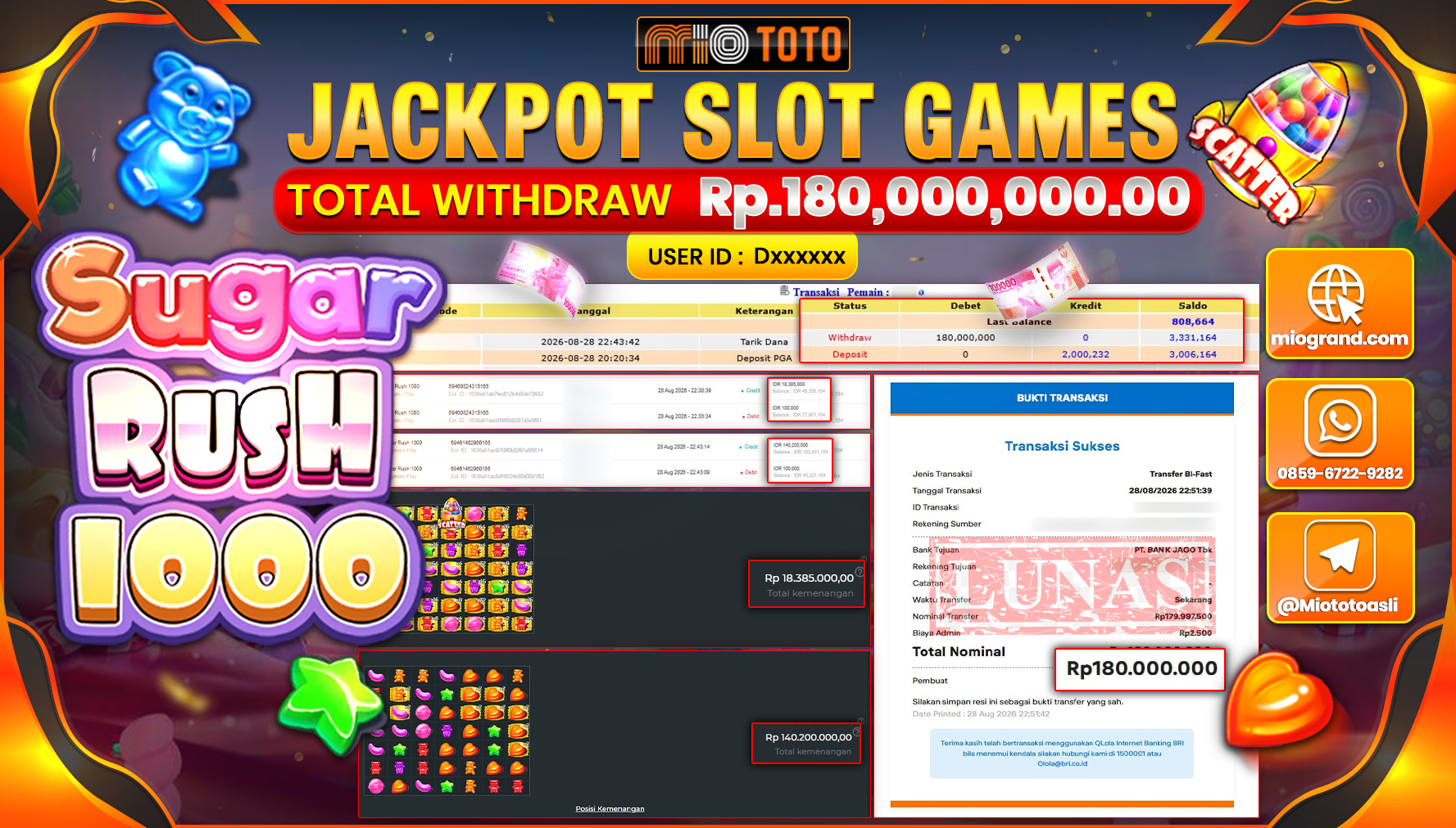 JACKPOT SLOT SUGAR RUSH 1000 Rp.180.000.000 DI BAYAR TUNAI !!!