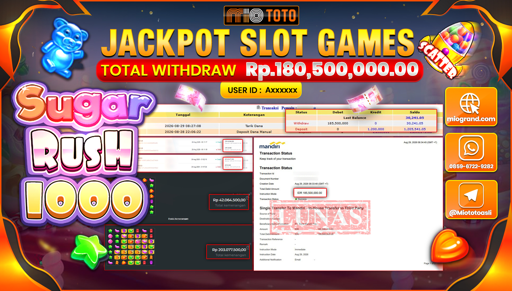 JACKPOT SLOT SUGAR RUSH 1000 Rp.180.500.000 DI BAYAR TUNAI !!!