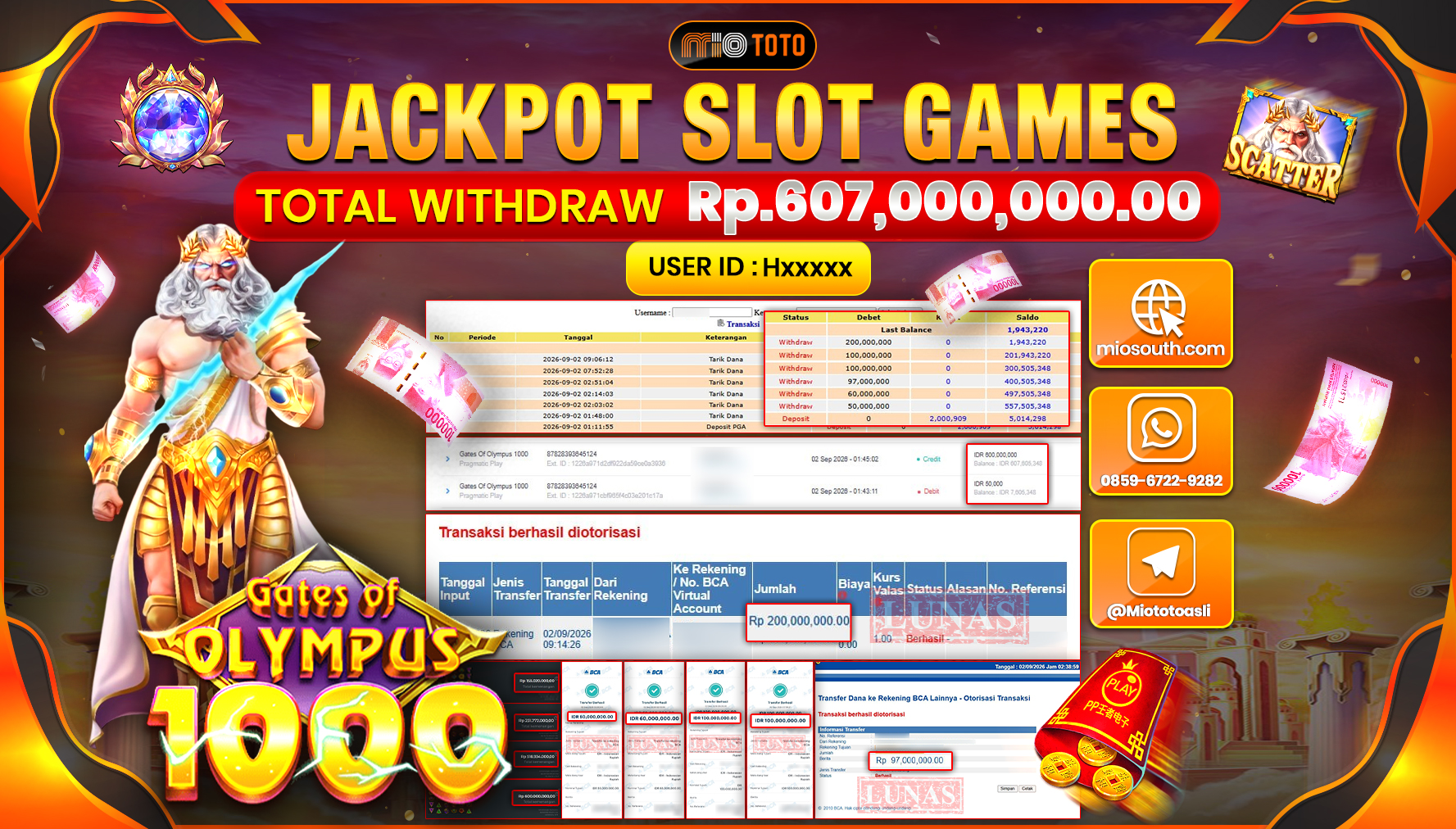 JACKPOT SLOT GATES OF OLYMPUS 1000 Rp.607.000.000 DI BAYAR TUNAI !!!
