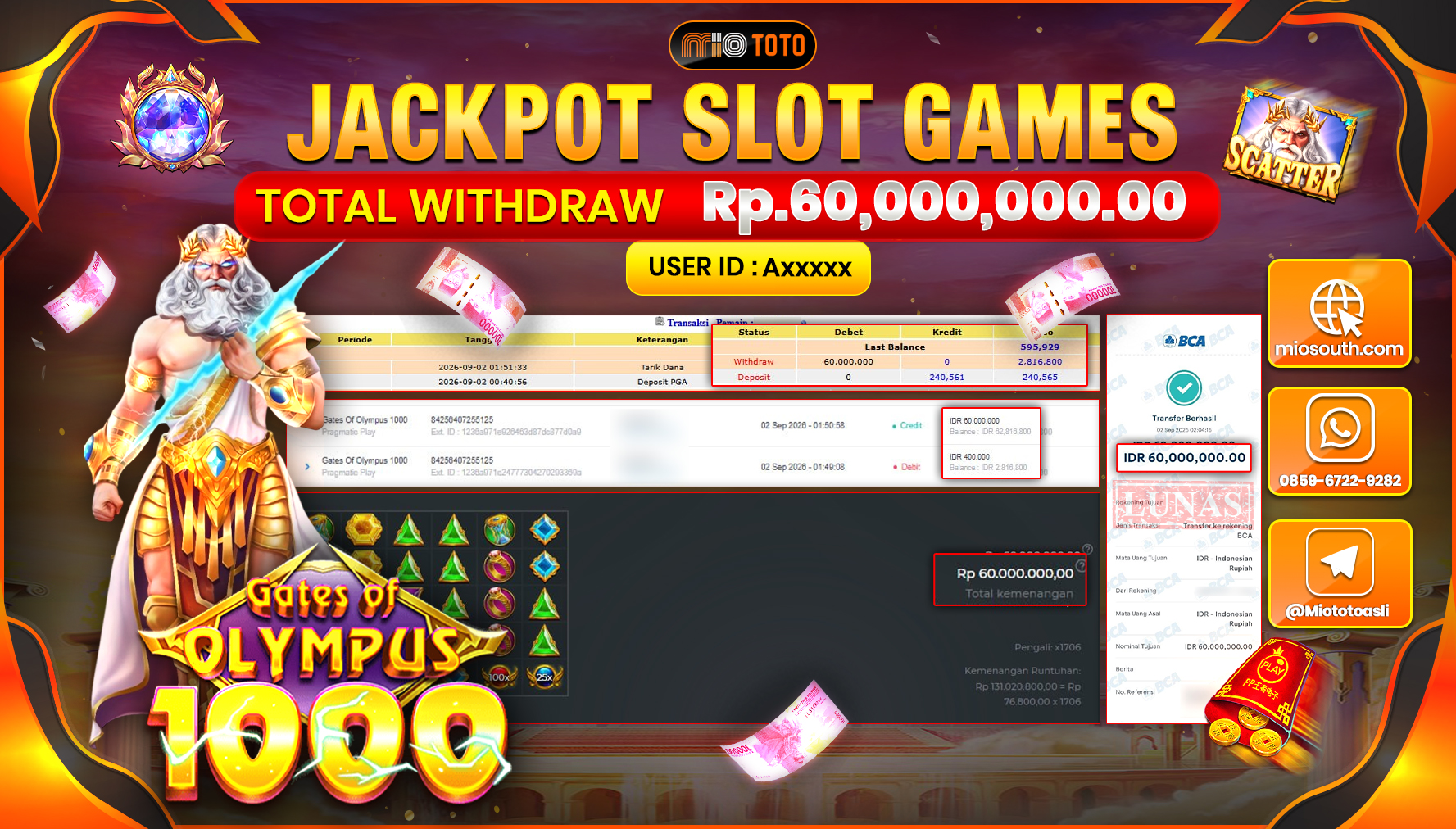 JACKPOT SLOT GATES OF OLYMPUS 1000 Rp.60.000.000 DI BAYAR TUNAI !!!