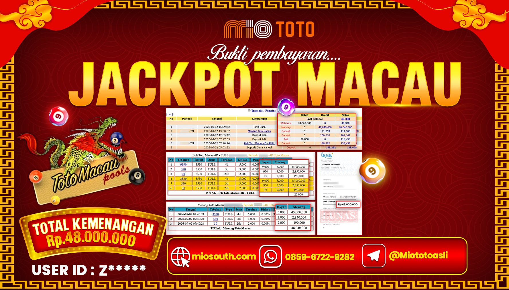 JACKPOT TOGEL TOTO MACAU 4D POOLS Rp.48,000,000 DI BAYAR TUNAI !!!