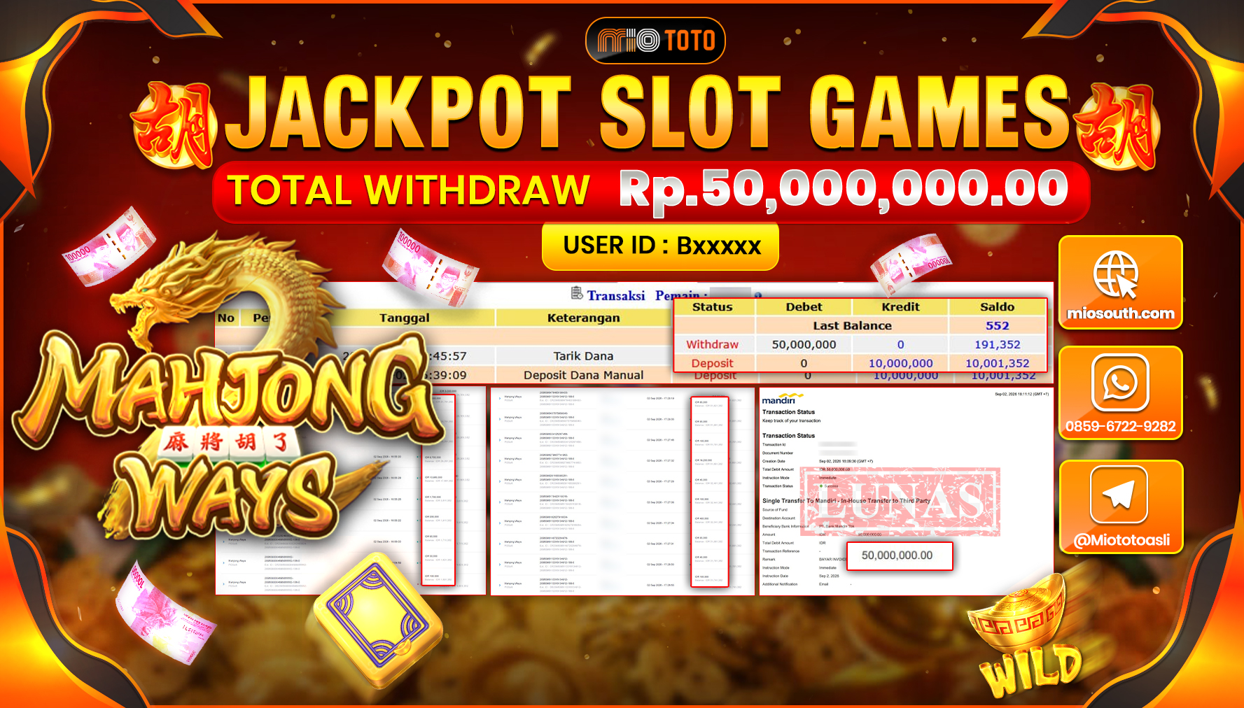 JACKPOT SLOT MAHJONG WAYS Rp.50.000.000 DI BAYAR TUNAI !!!