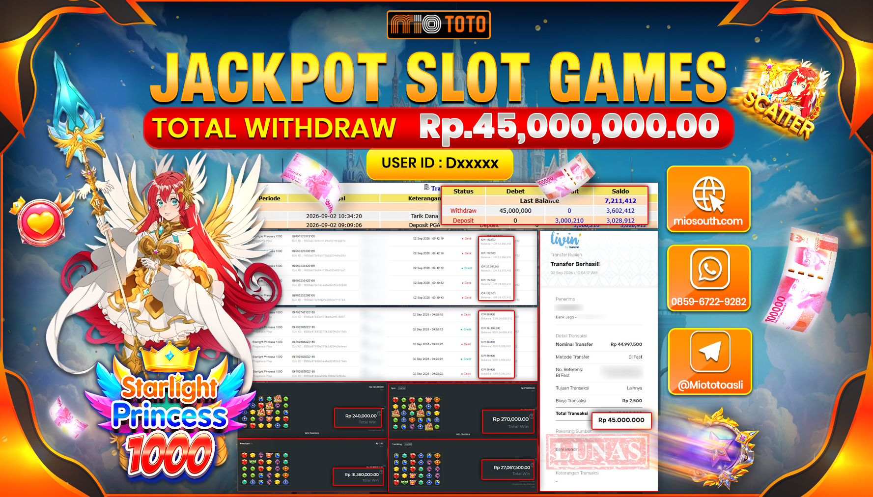 JACKPOT SLOT STARLIGHT PRINCESS 1000 Rp.45.000.000 DI BAYAR TUNAI !!!