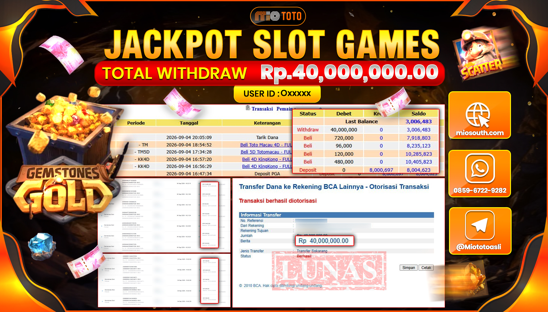 JACKPOT SLOT GEMSTONES GOLD Rp.40.000.000 DI BAYAR TUNAI !!!