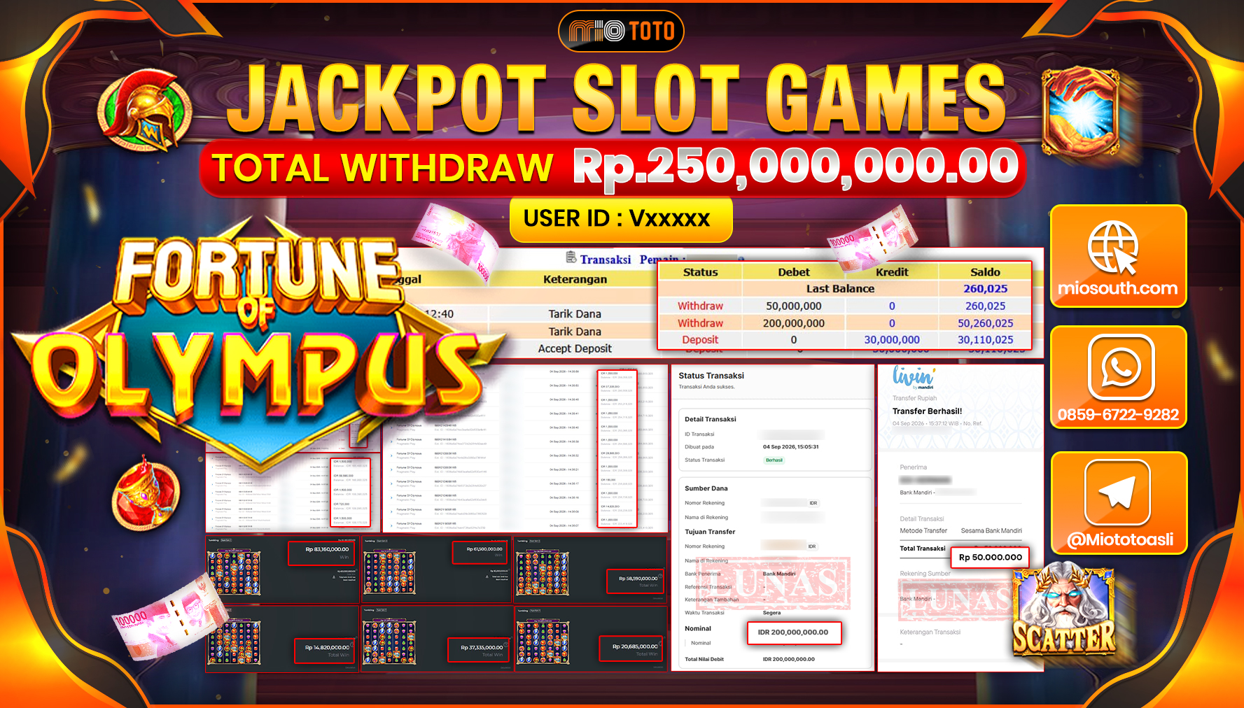 JACKPOT SLOT FORTUNE OF OLYMPUS Rp.250.000.000 DI BAYAR TUNAI !!!